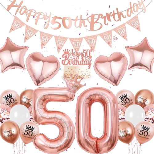 Rosegold 50. Geburtstag Deko Frauen - 34 Stück Roségold Party Deko, Happy Birthday Banner, Dreieckige Flagge Zahlenballon Kronen Liebesstern Ballon Kuchen Deko für 50-jährige Frauen Geburtstag Party Rosegold 50. Geburtstag Deko Frauen - 34 Stück Roségold Party Deko, Happy Birthday Banner, Dreieckige Flagge Zahlenballon Kronen Liebesstern Ballon Kuchen Deko für 50-jährige Frauen Geburtstag Party von Runyuzi
