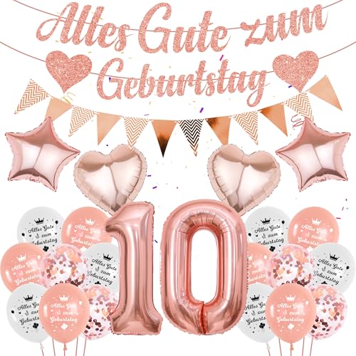 Deko 10. Geburtstag Mädchen Luftballon - 58 Stücke 10 Jahre Rosegold Geburtstagsdeko, Zahl 10 Ballons Alles Gute zum Girlande Folienballon für Kindergeburtstag Party Dekoration Geschenk von Runyuzi