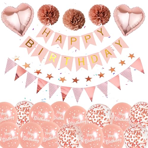 Rosegold Luftballons Geburtstag Dekoration für Frauen - Happy Birthday Banner, Wimpel, 2m Sternen-Girlande, Konfetti Ballons, Pompons, Geeignet für alle Altersgruppen(Mädchen, Kinder) von Runyuzi