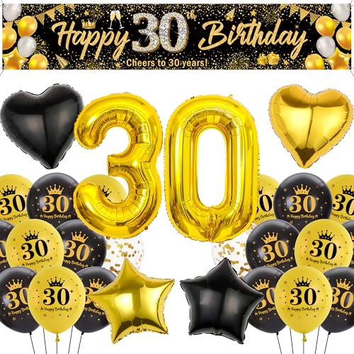 Runyuzi 30. Geburtstag Deko Mann Frauen - Schwarz Gold Geburtstagsdeko mit Happy 30 Birthday Banner Hintergrund, Zahl Sterne Herzform Folienballons Konfetti Luftballon für Geburtstagsparty Runyuzi 30. Geburtstag Deko Mann Frauen - Schwarz Gold Geburtstagsdeko mit Happy 30 Birthday Banner Hintergrund, Zahl Sterne Herzform Folienballons Konfetti Luftballon für Geburtstagsparty von Runyuzi