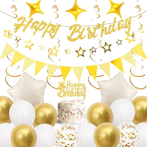 Runyuzi Geburtstagsdeko Luftballons Dekoration Set - Gold Happy Birthday Banners mit Wimpel Sternen Girlande Kuchendeko, Sternen Folienballons Konfetti Ballons für alle Altersgruppen Geburtstags Deko Runyuzi Geburtstagsdeko Luftballons Dekoration Set - Gold Happy Birthday Banners mit Wimpel Sternen Girlande Kuchendeko, Sternen Folienballons Konfetti Ballons für alle Altersgruppen Geburtstags Deko von Runyuzi