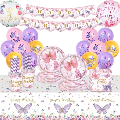Schmetterling Geburtstag Deko Kinder Partygeschirr - 101 Stück Kindergeburtstag Partyzubehörset Ballons lila Tischdecken Tassen Strohhalme Servietten Happy Birthday Banner für Mädchen Party Schmetterling Geburtstag Deko Kinder Partygeschirr - 101 Stück Kindergeburtstag Partyzubehörset Ballons lila Tischdecken Tassen Strohhalme Servietten Happy Birthday Banner für Mädchen Party von Runyuzi