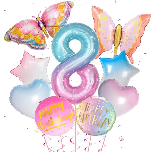 Schmetterlinge Deko 8. Geburtstag - 9 Stück Geburtstagsdeko 8 Jahre Farbverlauf Zahlen 8 Ballon Bunte Schmetterling Luftballon Rund Stern Herz Folie Ballon für Geburtstag Deko 8 Jahre Kinder Mädchen Schmetterlinge Deko 8. Geburtstag - 9 Stück Geburtstagsdeko 8 Jahre Farbverlauf Zahlen 8 Ballon Bunte Schmetterling Luftballon Rund Stern Herz Folie Ballon für Geburtstag Deko 8 Jahre Kinder Mädchen von Runyuzi