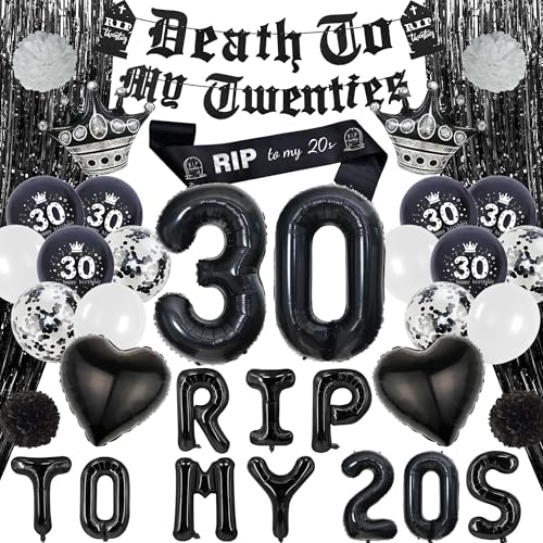 Schwarze 30. geburtstag Party deko - Death To My Twenties Banner, Rip To My 20s Sash , Zahlen 30 Ballon, Lametta Vorhang, Funny Thirty Birthday Party Supplies für Männer Frauen Schwarze 30. geburtstag Party deko - Death To My Twenties Banner, Rip To My 20s Sash , Zahlen 30 Ballon, Lametta Vorhang, Funny Thirty Birthday Party Supplies für Männer Frauen von Runyuzi