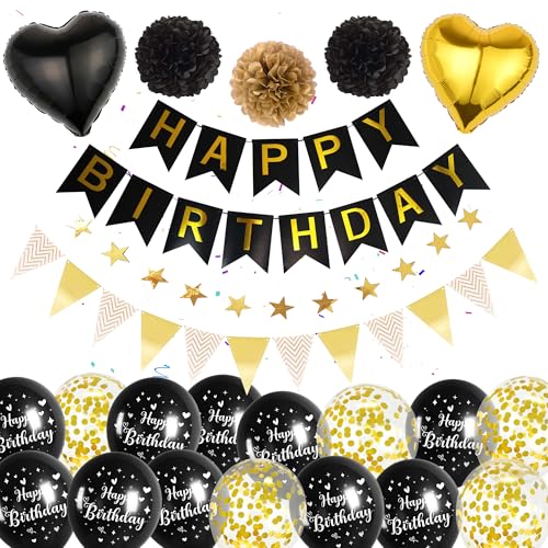 Schwarzes Gold Luftballons Geburtstag Dekoration - Happy Birthday Banner, Wimpel, 2m Sternen-Girlande, Konfetti Ballons, Pompons, Geeignet für alle Altersgruppen Schwarzes Gold Luftballons Geburtstag Dekoration - Happy Birthday Banner, Wimpel, 2m Sternen-Girlande, Konfetti Ballons, Pompons, Geeignet für alle Altersgruppen von Runyuzi