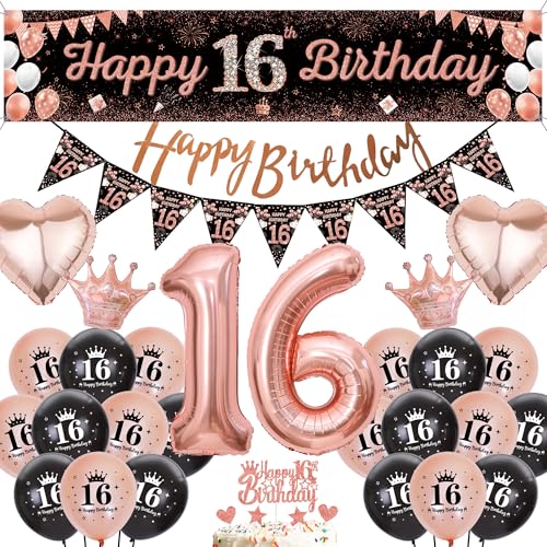 Luftballons Deko 16 Geburtstag Mädchen - 47 Stücke Geburtstagsdeko 16 Jahre Schwarz Rosegold Happy Birthday Girlande Banner, Zahlen 16 Ballons Herz Folienballons Tortendeko für Kinder Party von Runyuzi
