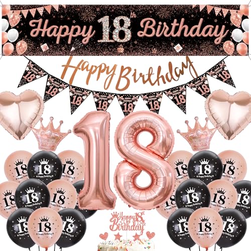 Luftballons Deko 18. Geburtstag Mädchen - 47 Stücke Geburtstagsdeko 18 Jahre Schwarz Rosegold Happy Birthday Girlande Banner, Zahlen 18 Herz Ballons Tortendeko für Frau Party von Runyuzi