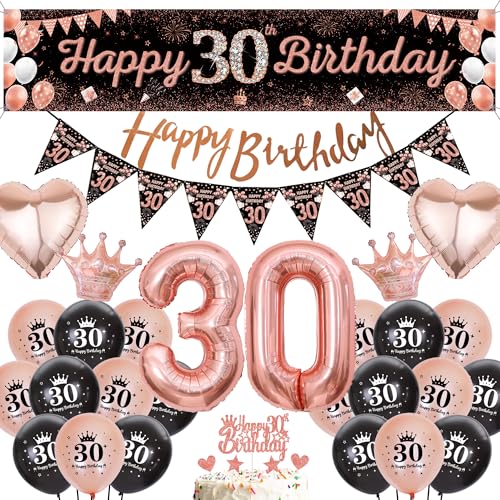 Luftballons Deko 30 Geburtstag Frau - 47 Stücke Geburtstagsdeko 30 Jahre Schwarz Rosegold, Happy Birthday Banner Zahlen 30 Herz BallonsTortendeko für Party von Runyuzi