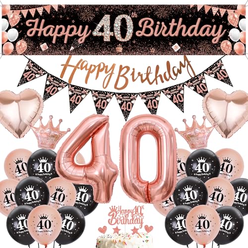 Runyuzi Luftballons Deko 40. Geburtstag Frauen - 47 Stücke Geburtstagsdeko 40 Jahre Schwarz Rosegold, Happy Birthday Banner Zahlen 40 Herz Ballons Tortendeko für Party von Runyuzi