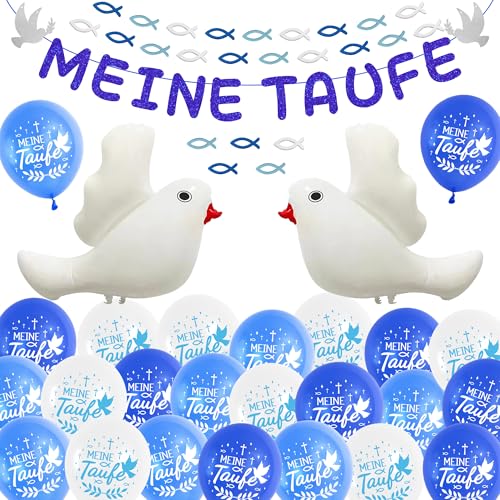Taufe Deko Tischdeko Kommunion Jungen - 62 Stück Blau Taufdeko Konfirmation Dekoration Meine Taufe Banner, weiße Taube Ballon Girlande Holzfische Fische Streudeko für Kinder Taufe Deko Tischdeko Kommunion Jungen - 62 Stück Blau Taufdeko Konfirmation Dekoration Meine Taufe Banner, weiße Taube Ballon Girlande Holzfische Fische Streudeko für Kinder von Runyuzi