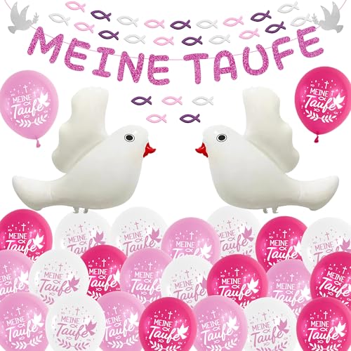 Taufe Deko Tischdeko Kommunion Mädchen - 62 Stück Rosa Taufdeko Konfirmation Dekoration Meine Taufe Banner, weiße Taube Ballon Girlande Holzfische Fische Streudeko für Kinder Taufe Deko Tischdeko Kommunion Mädchen - 62 Stück Rosa Taufdeko Konfirmation Dekoration Meine Taufe Banner, weiße Taube Ballon Girlande Holzfische Fische Streudeko für Kinder von Runyuzi