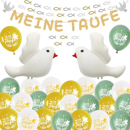 Taufe Kommunion Deko Jungen Mädchen - 62 Stück Grün Gold Taufdeko Konfirmation Tischdeko Meine Taufe Banner, weiße Taube Ballon Girlande Holzfische Fische Streudeko für Kinder Dekoration Taufe Kommunion Deko Jungen Mädchen - 62 Stück Grün Gold Taufdeko Konfirmation Tischdeko Meine Taufe Banner, weiße Taube Ballon Girlande Holzfische Fische Streudeko für Kinder Dekoration von Runyuzi