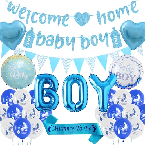 Welcome Home Baby Boy Deko - Willkommen Zuhause Girlande Luftballons Dekoration Set Blaue, Herzlich Willkommensdeko Storch Geburt Balloon Daddy to Be Schärpe für Junge Babyparty Welcome Home Baby Boy Deko - Willkommen Zuhause Girlande Luftballons Dekoration Set Blaue, Herzlich Willkommensdeko Storch Geburt Balloon Daddy to Be Schärpe für Junge Babyparty von Runyuzi