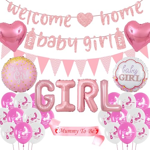 Welcome Home Baby Girl Deko - Willkommen Zuhause Girlande Luftballons Dekoration Set Rosa, Herzlich Willkommensdeko Storch Geburt Balloon Mommy to Be Schärpe für Mädchen Babyparty von Runyuzi