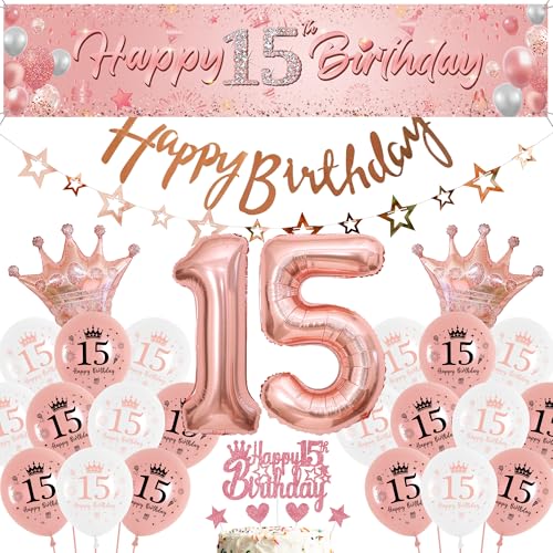 Luftballon 15. Geburtstag Roségold Mädchen - Großes Happy 15th Birthday Banner Hintergrund und Sternen Girlande, Riesen Folienballon Zahl mit Tortendeko für Teenager Geburtstagsdeko von Runyuzi