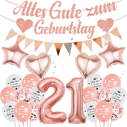 21. Geburtstag Dekoration luftballon Mädchen - 58 Stücke rosegold Geburtstagsdeko Banner, Folienballon Zahl 21, 21 jahre Alles Gute zum Girlande, Herz Stern Ballon für frau Party Deko 21. Geburtstag Dekoration luftballon Mädchen - 58 Stücke rosegold Geburtstagsdeko Banner, Folienballon Zahl 21, 21 jahre Alles Gute zum Girlande, Herz Stern Ballon für frau Party Deko von Runyuzi