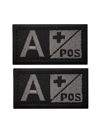 Ruoming Taktischer Aufnäher mit Blutgruppe, 5,1 x 2,5 cm, Klettverschluss, Militärausweis, Abzeichen für Jacken, Westen, Taschen, Stickaufnäher (Schwarz A +), 2 Stück von Ruoming