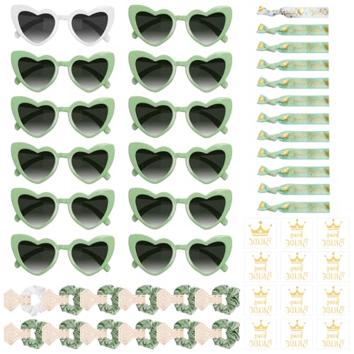 Ruryxel 48 Stück JGA Brille Team Braut Haargummi, Jungesellinenabschied Braut Set mit 12 Herz Sonnenbrille,12 JGA Armbänder, 12 Bride Haargummi und 12 Tattoos, für Mädelsabend, Team Bride(Grün) von Ruryxel