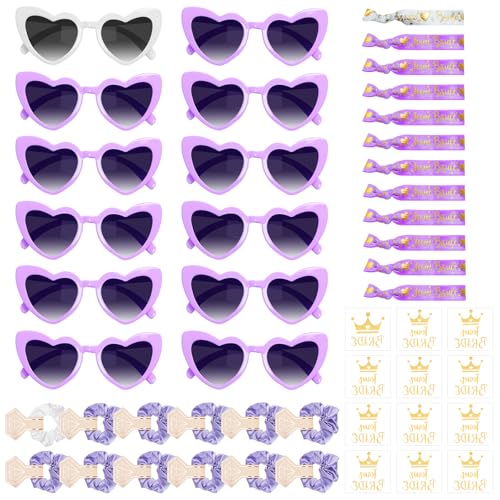 Ruryxel 48 Stück JGA Brille Team Braut Haargummi, Jungesellinenabschied Braut Set mit 12 Herz Sonnenbrille,12 JGA Armbänder, 12 Bride Haargummi und 12 Tattoos, für Mädelsabend, Team Bride(Lila) von Ruryxel
