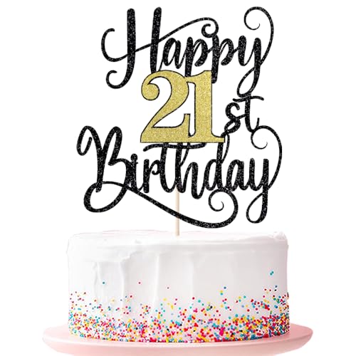 Happy 21th Birthday Cake Topper 21 Birthday Party Cake Decorations (Black and Gold Flashes, 21st) von Ruscalin
