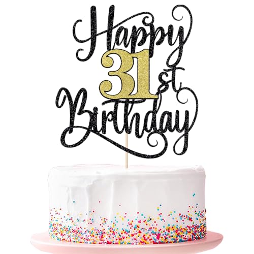 Happy 31th Birthday Cake Topper 31 Birthday Party Cake Decorations (Black and Gold Flashes, 31st) von Ruscalin