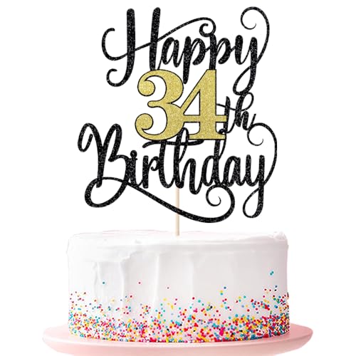 Happy 34th Birthday Cake Topper 34 Birthday Party Cake Decorations (Black and Gold Flashes, 34th) von Ruscalin