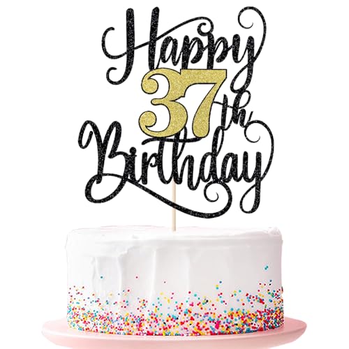 Happy 37th Birthday Cake Topper 37 Birthday Party Cake Decorations (Black and Gold Flashes, 37th) von Ruscalin