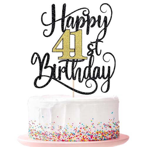 Happy 41th Birthday Cake Topper 41 Birthday Party Cake Decorations (Black and Gold Flashes, 41st) von Ruscalin