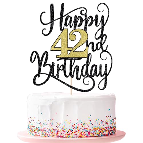 Happy 42th Birthday Cake Topper 42 Birthday Party Cake Decorations (Black and Gold Flashes, 42nd ) von Ruscalin