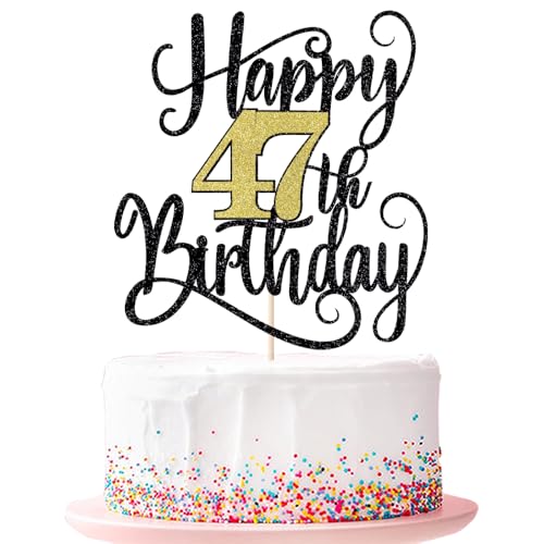 Happy 47th Birthday Cake Topper 47 Birthday Party Cake Decorations (Black and Gold Flashes, 47th) von Ruscalin