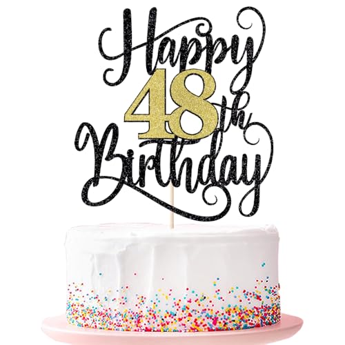 Happy 48th Birthday Cake Topper 48 Birthday Party Cake Decorations (Black and Gold Flashes, 48th) von Ruscalin