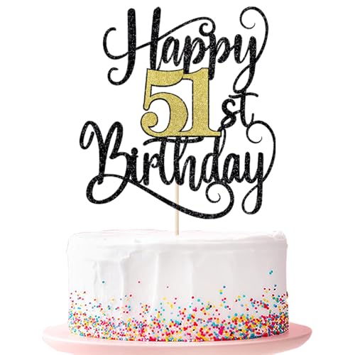 Happy 51th Birthday Cake Topper 51 Birthday Party Cake Decorations (Black and Gold Flashes, 51st) von Ruscalin