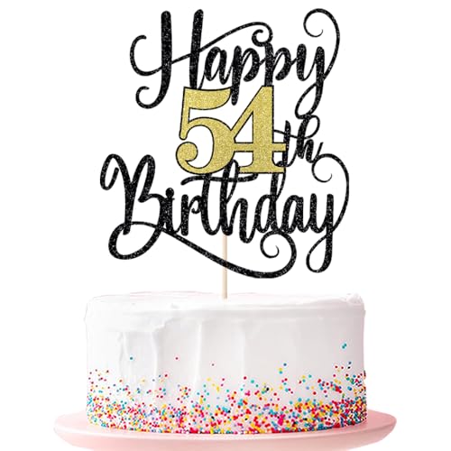 Happy 54th Birthday Cake Topper 54 Birthday Party Cake Decorations (Black and Gold Flashes, 54th) von Ruscalin