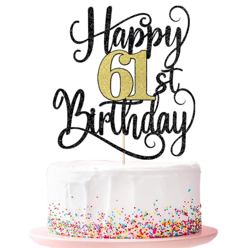 Happy 61th Birthday Cake Topper 61 Birthday Party Cake Decorations (Black and Gold Flashes, 61st) von Ruscalin