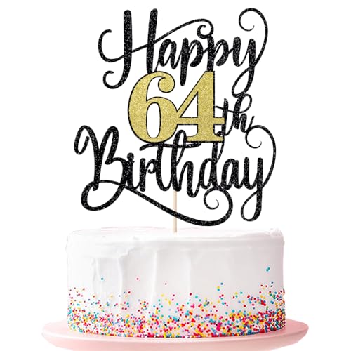 Happy 64th Birthday Cake Topper 64 Birthday Party Cake Decorations (Black and Gold Flashes, 64th) von Ruscalin