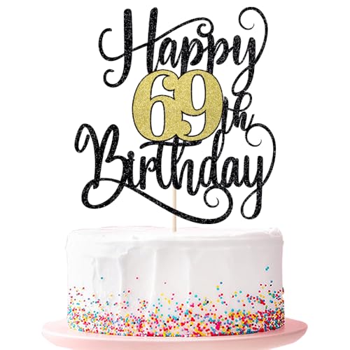 Happy 69th Birthday Cake Topper 69 Birthday Party Cake Decorations (Black and Gold Flashes, 69th) von Ruscalin
