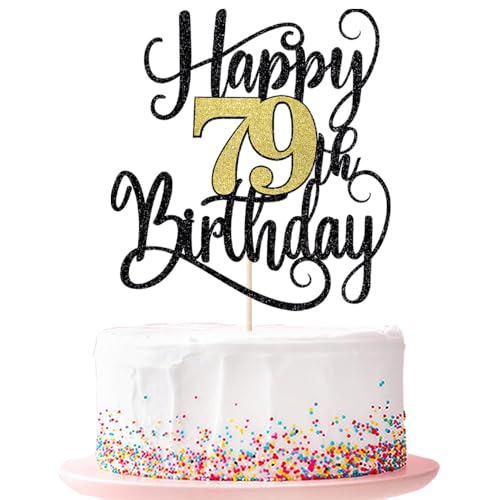 Happy 79th Birthday Cake Topper 79 Birthday Party Cake Decorations (Black and Gold Flashes, 79th) von Ruscalin