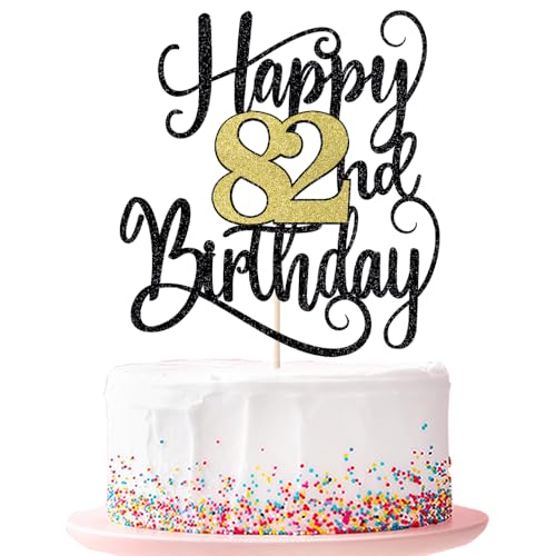 Happy 82th Birthday Cake Topper 82 Birthday Party Cake Decorations (Black and Gold Flashes, 82nd ) von Ruscalin