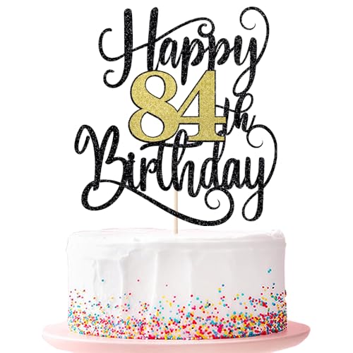 Happy 84th Birthday Cake Topper 84 Birthday Party Cake Decorations (Black and Gold Flashes, 84th) von Ruscalin