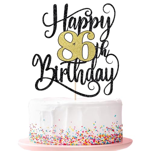Happy 86th Birthday Cake Topper 86 Birthday Party Cake Decorations (Black and Gold Flashes, 86th) von Ruscalin