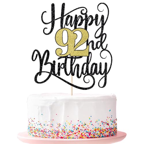 Happy 92th Birthday Cake Topper 92 Birthday Party Cake Decorations (Black and Gold Flashes, 92nd ) von Ruscalin