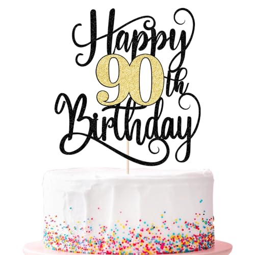 Ruscalin Tortenaufsatz "Happy 90th Birthday", 90. Geburtstag, Party-Kuchendekorationen (schwarze und goldene Blitze, 90. Geburtstag) von Ruscalin