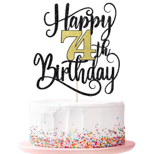 Tortenaufsatz "Happy 74th Birthday", 74. Geburtstag, Party-Kuchendekorationen (schwarze und goldene Blitze, 74.) von Ruscalin