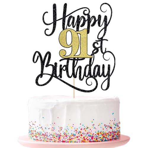Tortenaufsatz "Happy 91th Birthday", Kuchendekoration für 91. Geburtstag (schwarze und goldene Blitze, 91. Geburtstag) von Ruscalin