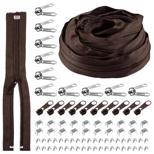 Rustark 1 Rolle 9,14 m / 10 Yard #5 Braun Reißverschluss Set Nylon Zippers Reissverschluss Teilbar mit Reißverschluss Schieber, Endkappen und Deckstopps Nylon Zipper für Nähen DIY Basteln Tasche von Rustark