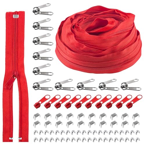 Rustark 1 Rolle 9,14 m / 10 Yard #5 Rot Reißverschluss Set Nylon Zippers Reissverschluss Teilbar mit Reißverschluss Schieber, Endkappen und Deckstopps Nylon Zipper für Nähen DIY Basteln Tasche von Rustark