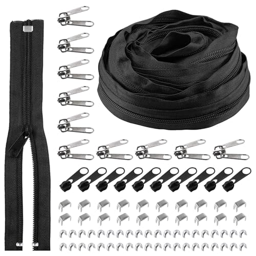 Rustark 1 Rolle 9,14 m / 10 Yard #5 Schwarz Reißverschluss Set Nylon Zippers Reissverschluss Teilbar mit Reißverschluss Schieber, Endkappen und Deckstopps Nylon Zipper für Nähen DIY Basteln Tasche von Rustark