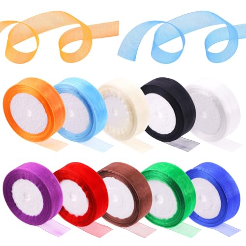 Rustark 10 Stück 10 Farben 2,5cm x 23m Organzaband Sortiment Transparentes Geschenkband Organza Bänder Transparentes Chiffonband Tüllband Sheer Organza Ribbon für Geschenkverpackungen Dekoration von Rustark