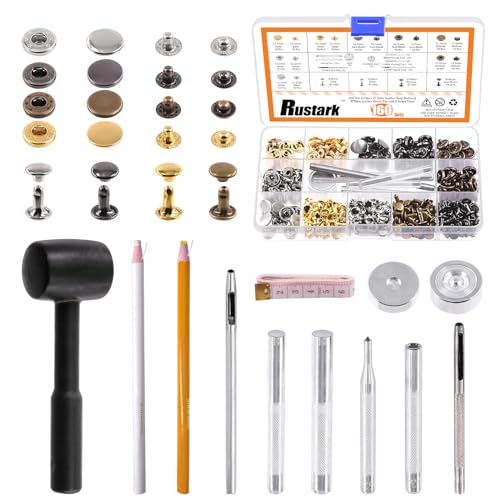 Rustark 160 Sets 12.5mm Leder Druckknöpfe und 8x8mm Doppelkappen Nieten Set mit Hammer 12Pcs Werkzeugen, 4 Farben Metall Druckknopf Druckknöpfe Stud Leder Nieten Kleidung für Leder DIY Handwerk von Rustark