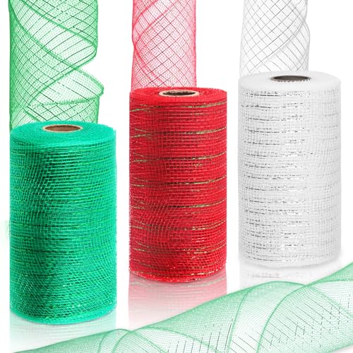 Rustark 3 Rollen 15 cm x 1,5 m/Rolle Deko Mesh Band rotes splitter grünes Deco Poly Mesh Ribbon Weihnachts Poly Netzband für Kranz, Weihnachtsbaum, Dekoration, Geschenkpapier, DIY-Handwerk von Rustark